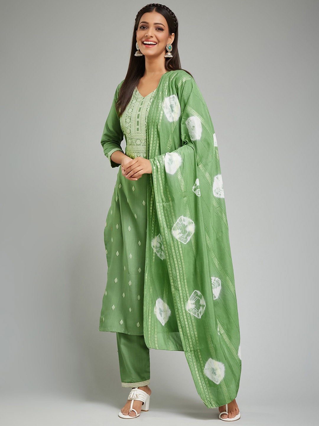 

Anouk Green Ethnic Motifs Printed Straight Kurta With Trouser & Dupatta