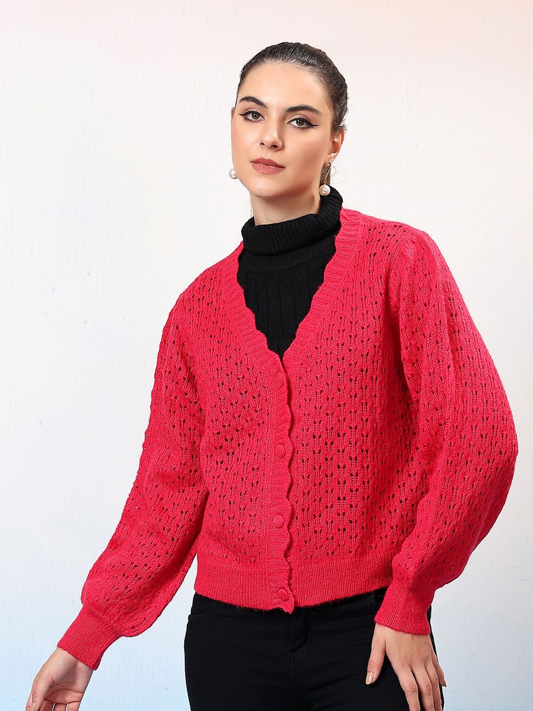 

Stylecast X Kotty Women Self Design Cardigan Sweater, Pink