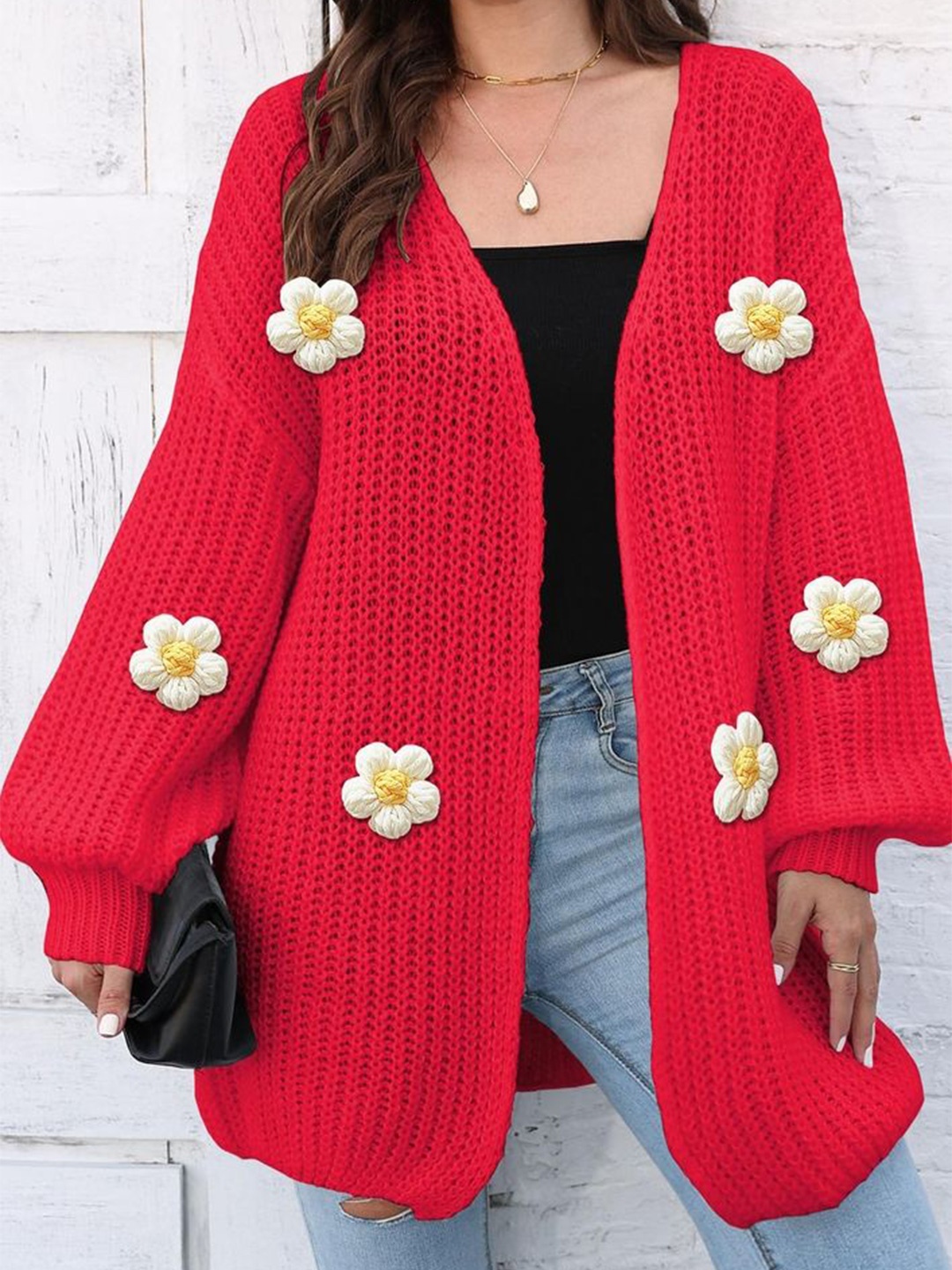 

LULU & SKY Women Floral Longline Front Open Cardigan, Red