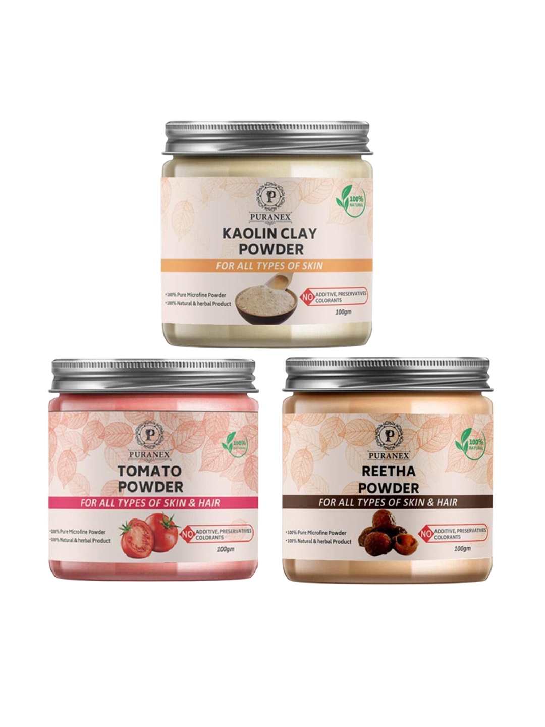 

Puranex Set Of 3 Kaolin Clay - Tomato & Reetha Powder Face Pack - 100 g Each, White