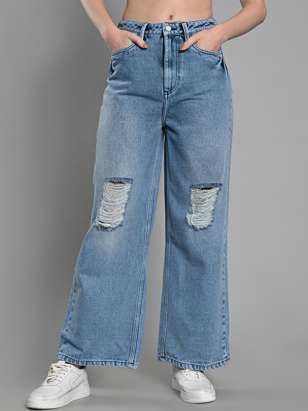 

IZEL Women Wide Leg Mildly Distressed Heavy Fade Jeans, Blue