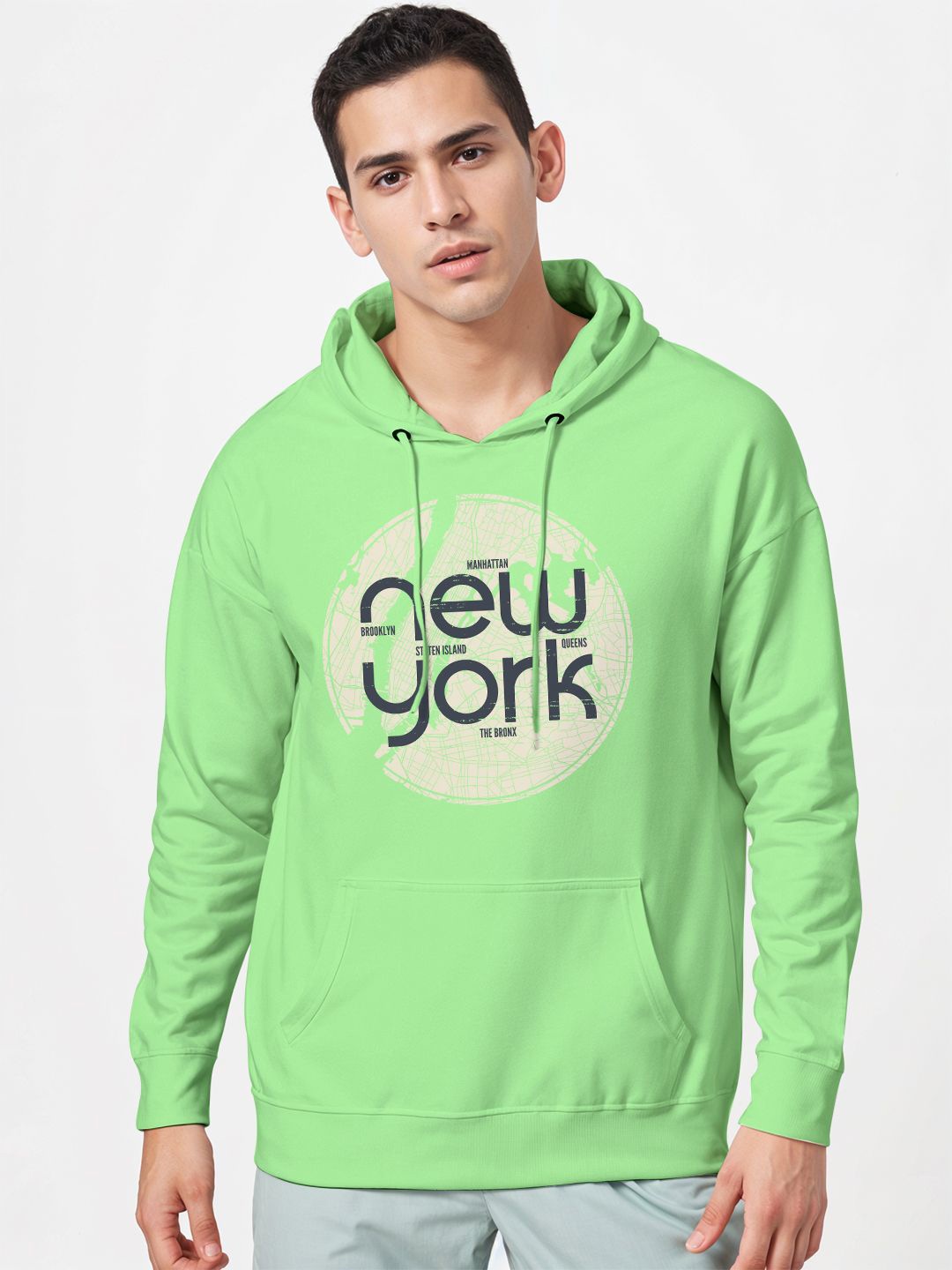 

Crazymonk Men Cotton Graphic Printed Hooded Sweatshirt, Green