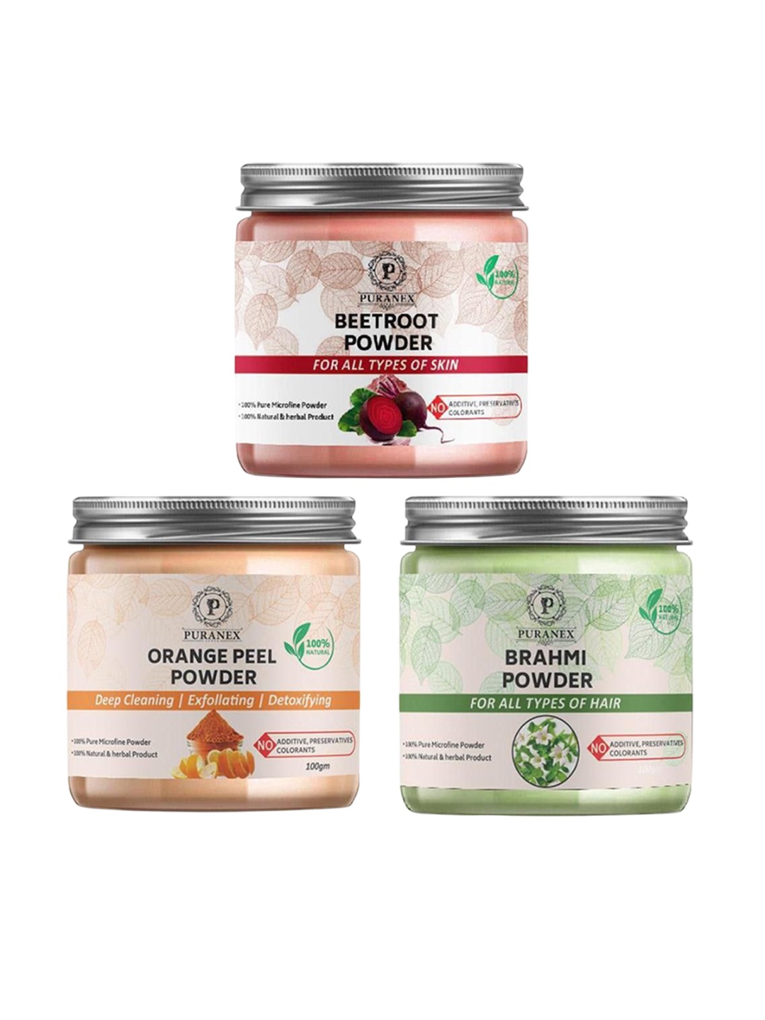 

Puranex Set Of 3 Beetroot, Orange Peel & Brahmi Hair & Skin Powder -100 g Each, White