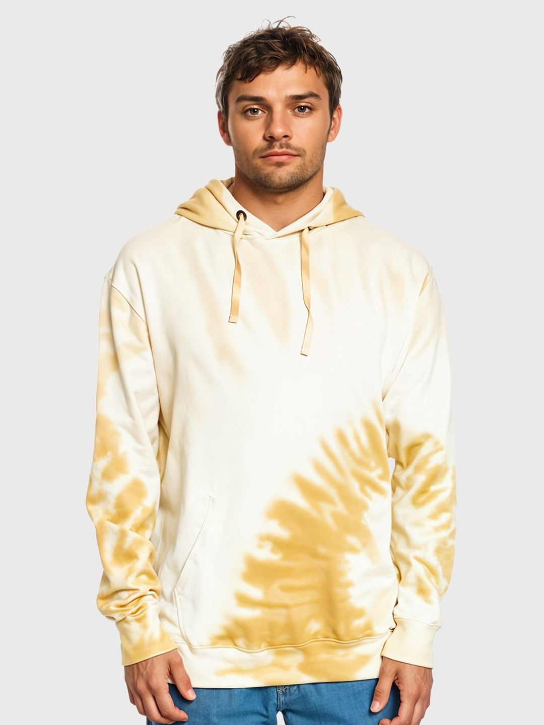 

Crazymonk Men Cotton Oversized Tie & Dye Hooded Pullover Sweatshirt, Off white