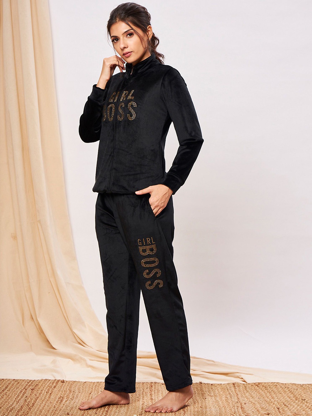 

July Typography Printed High Neck Sweatshirt And Trousers, Black