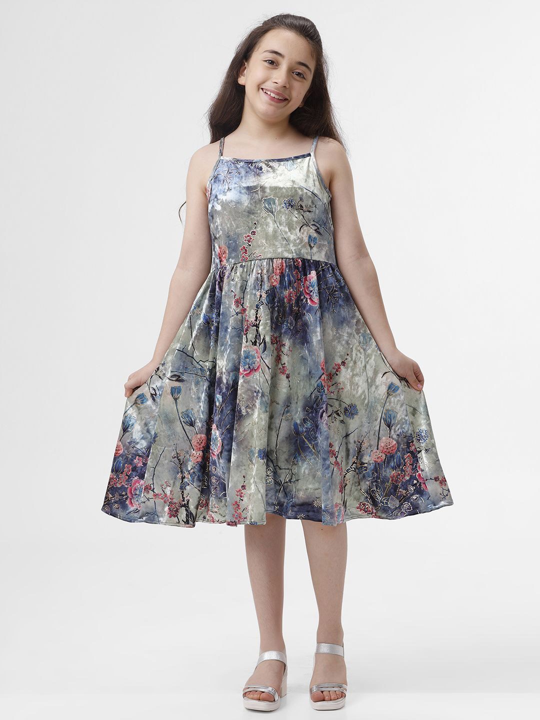 

KATE & OSCAR Girls Floral Printed Fit & Flare Midi Dress, Navy blue