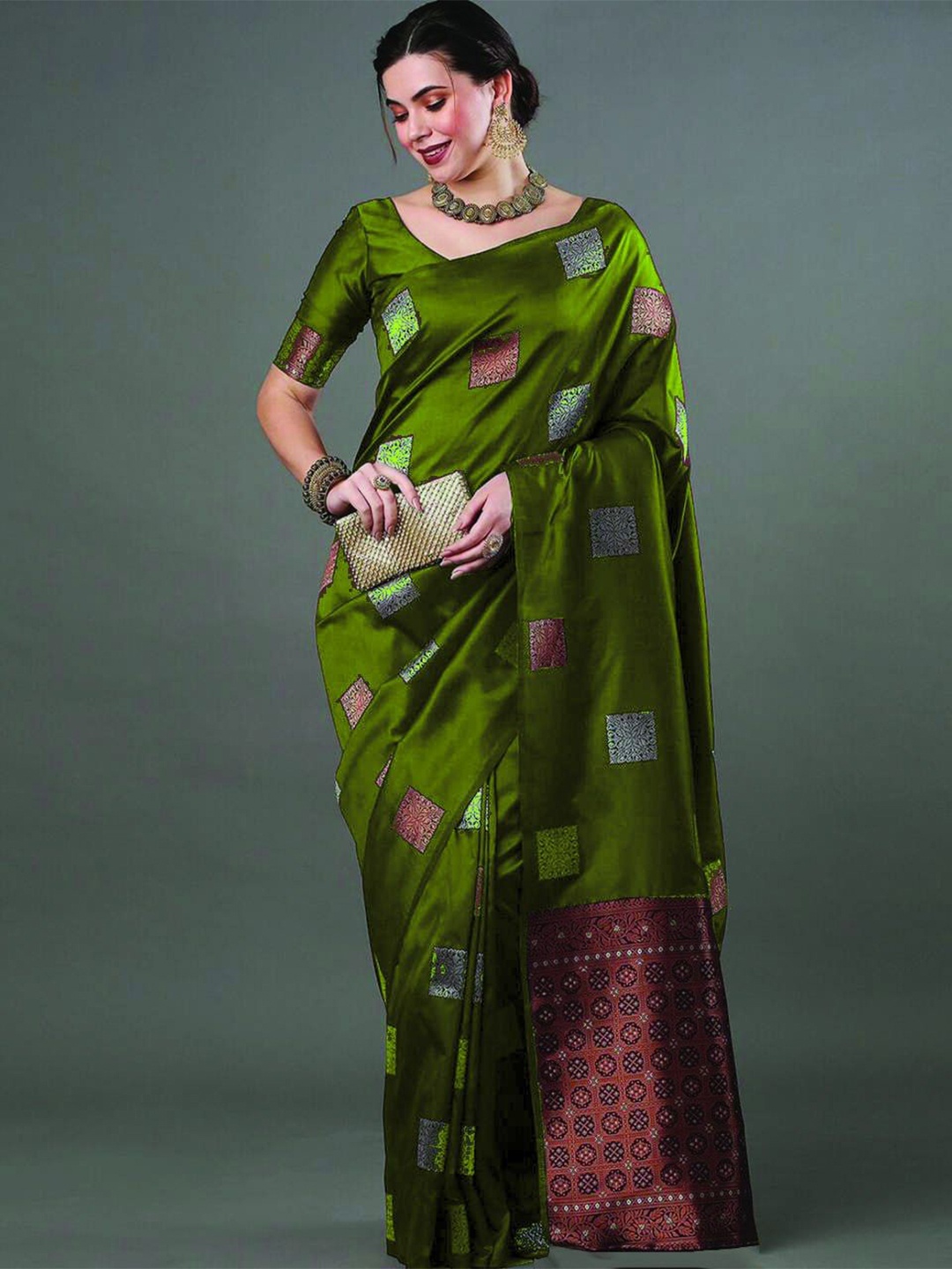 

Fashion Booms Ethnic Motifs Woven Design Zari Pure Silk Banarasi Saree, Green