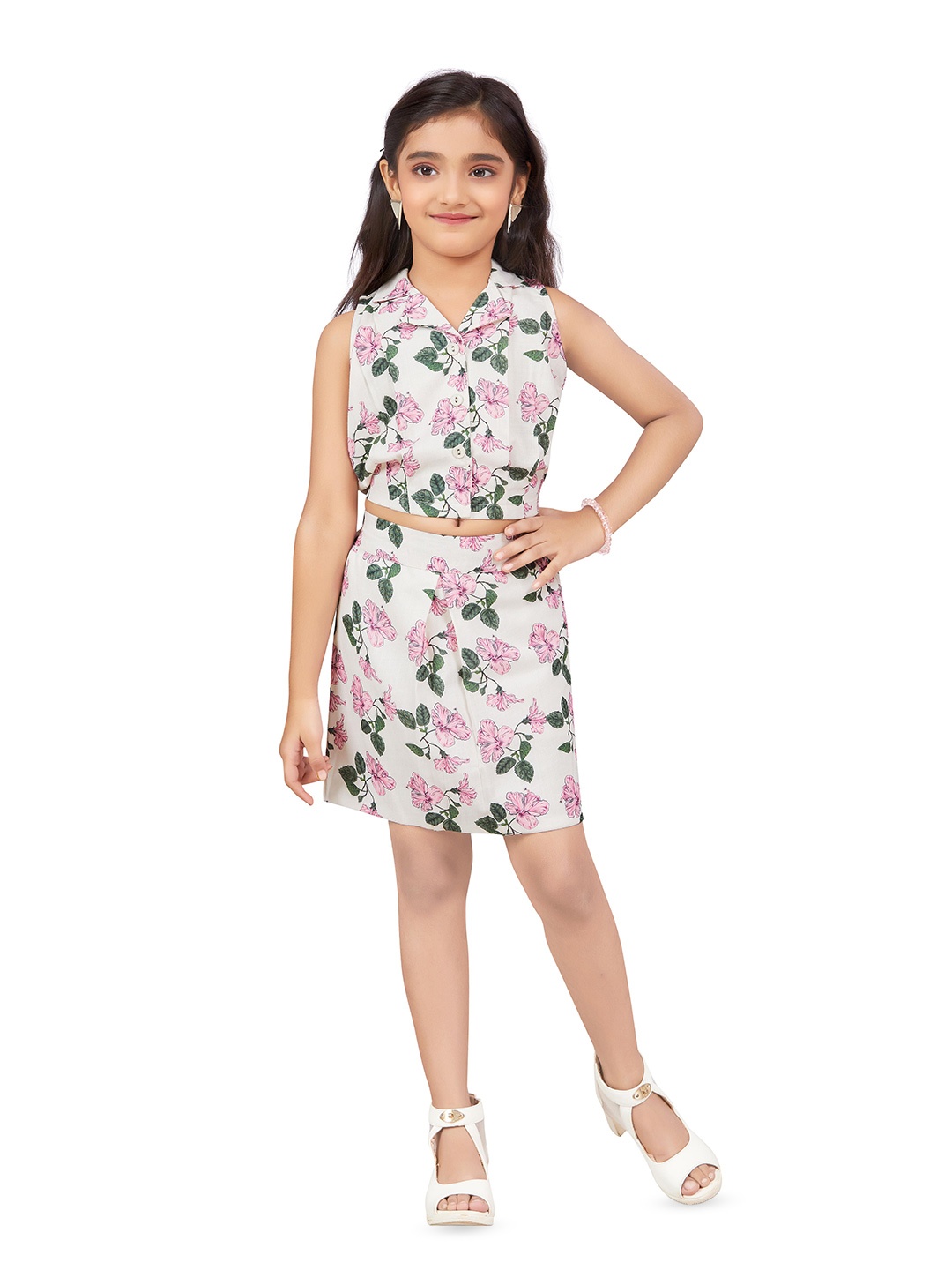 

Hunny Bunny Girls Floral Printed Shirt Collar Top With Skirt, White