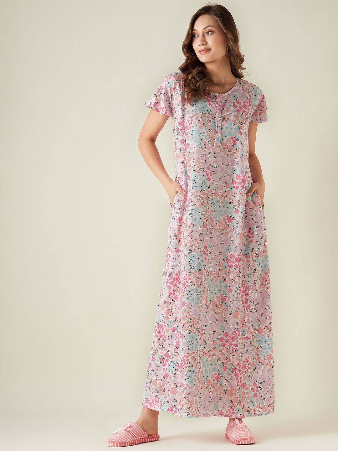 

The Kaftan Company Women Printed Maxi Nightdress, Pink