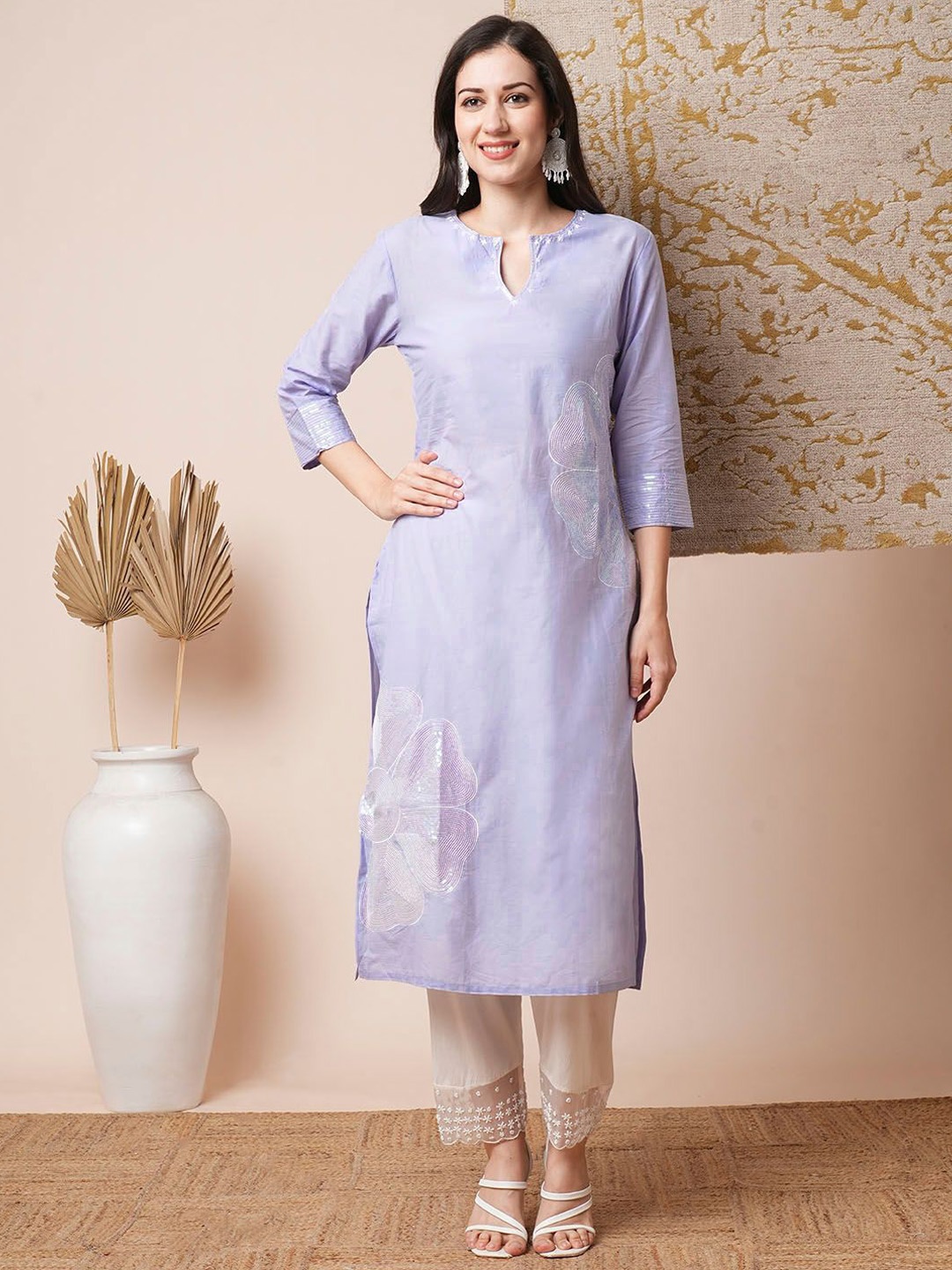 

FASHOR Floral Embroidered Sequinned Cotton Straight Kurta, Lavender