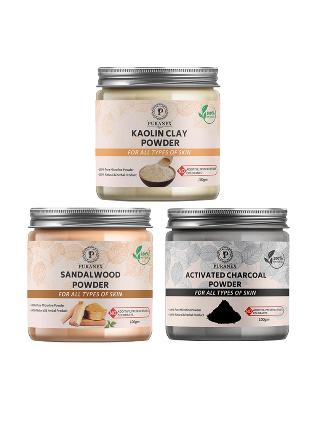 

Puranex Set Of 3 Kaolin Clay - Sandalwood & Activated Charcoal Powder - 100 g Each, White