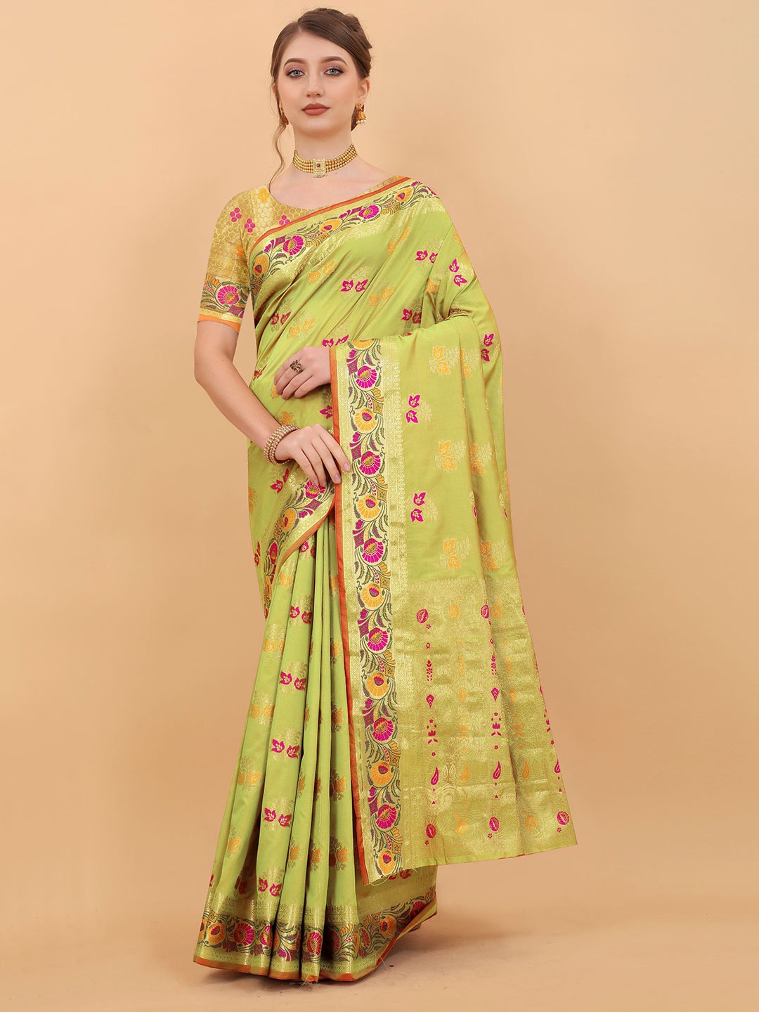 

Anaita Ethnic Motifs Zari Silk Blend Banarasi Saree, Green