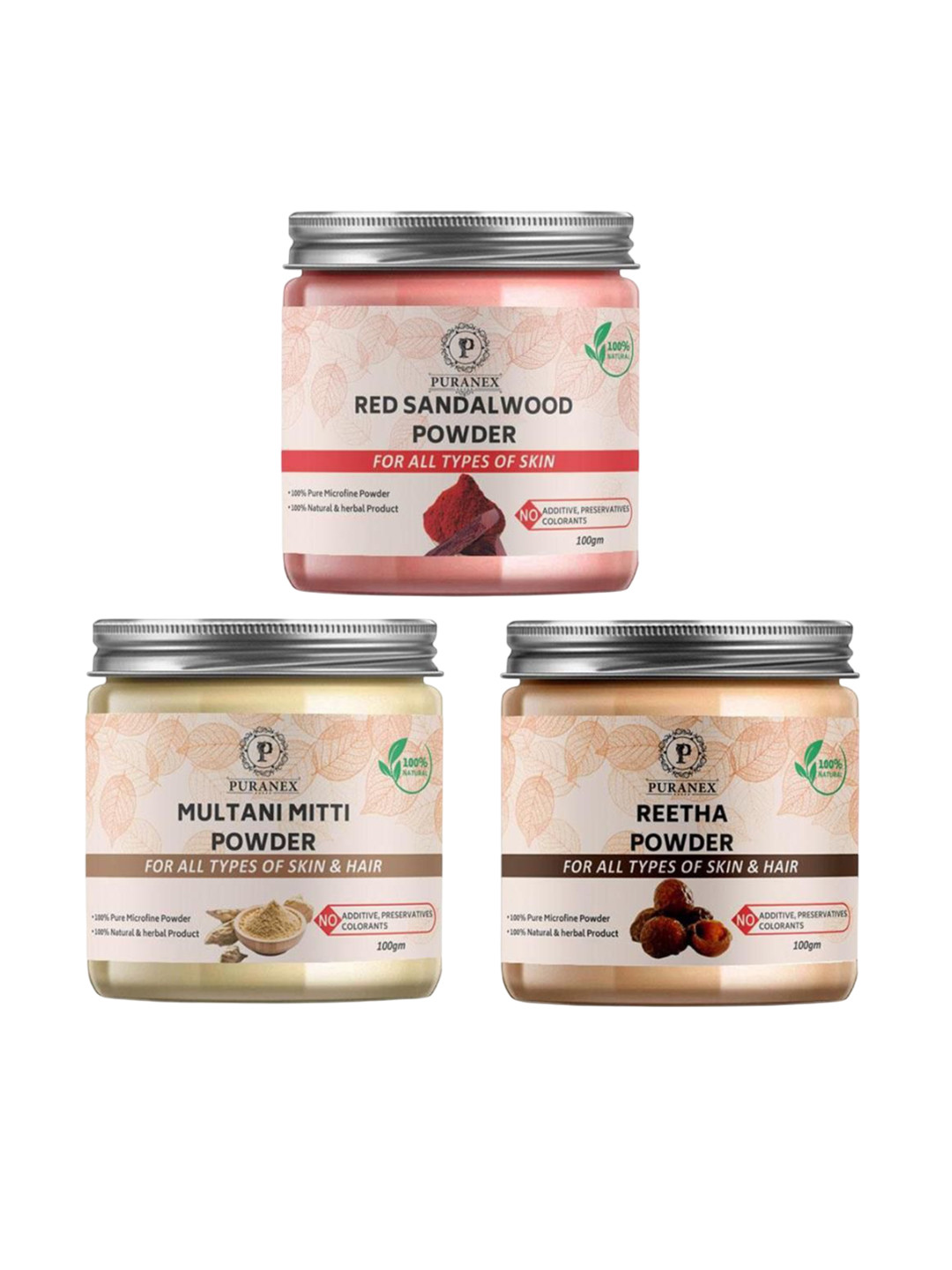 

Puranex Set Of 3 Natural Red Sandalwood - Multani Mitti & Reetha Powder - 100 g Each, White