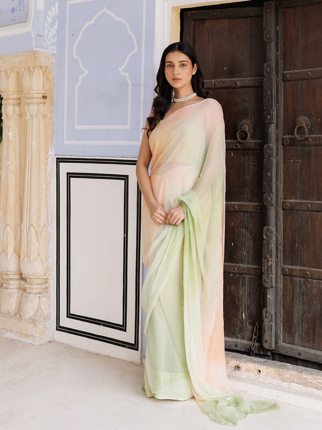 

Geroo Luxe Ombre Mukaish Pure Chiffon Ready to Wear Saree, Green