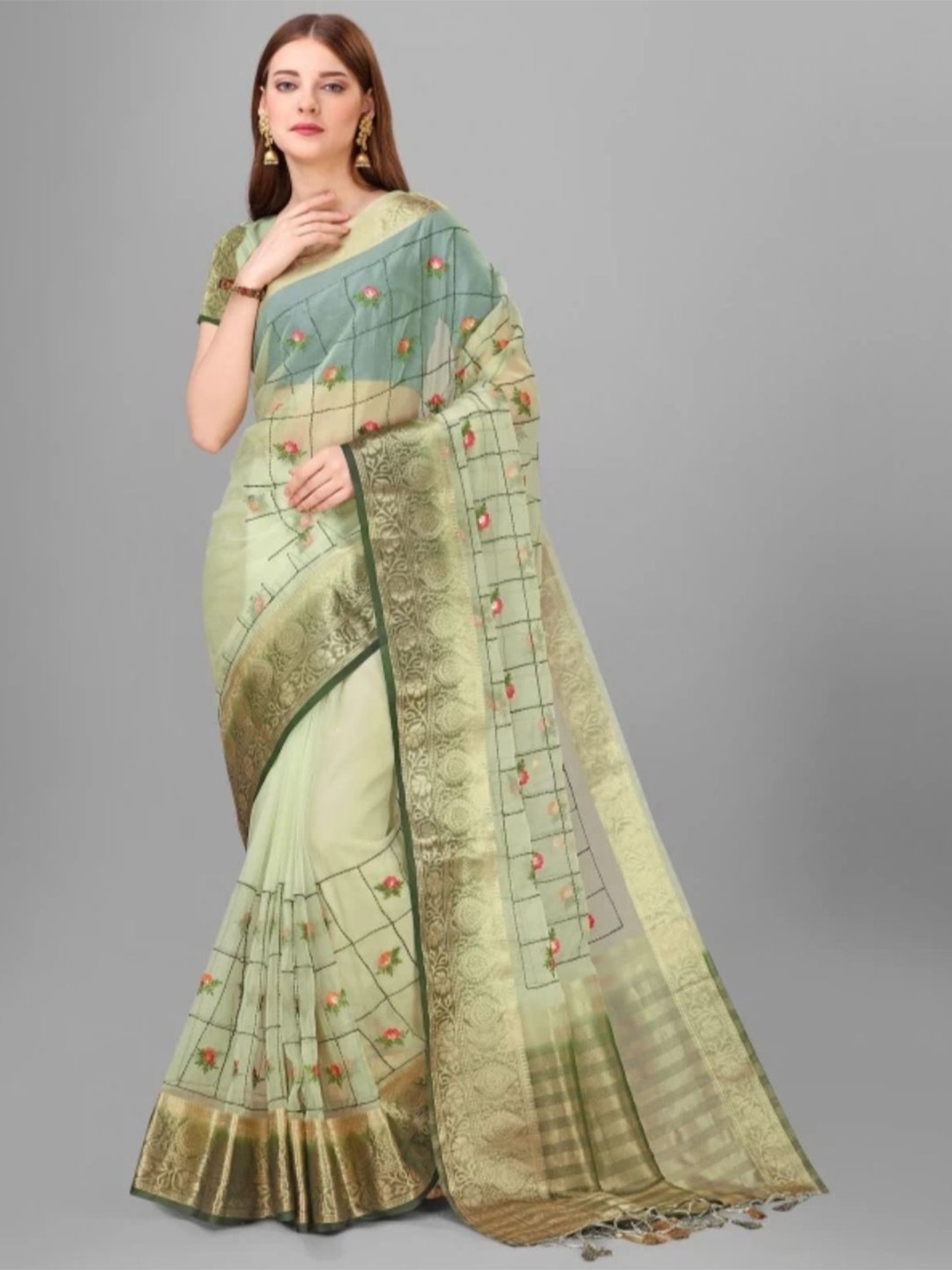

DIVASTRI Ethnic Motifs Embroidered Organza Banarasi Saree, Olive