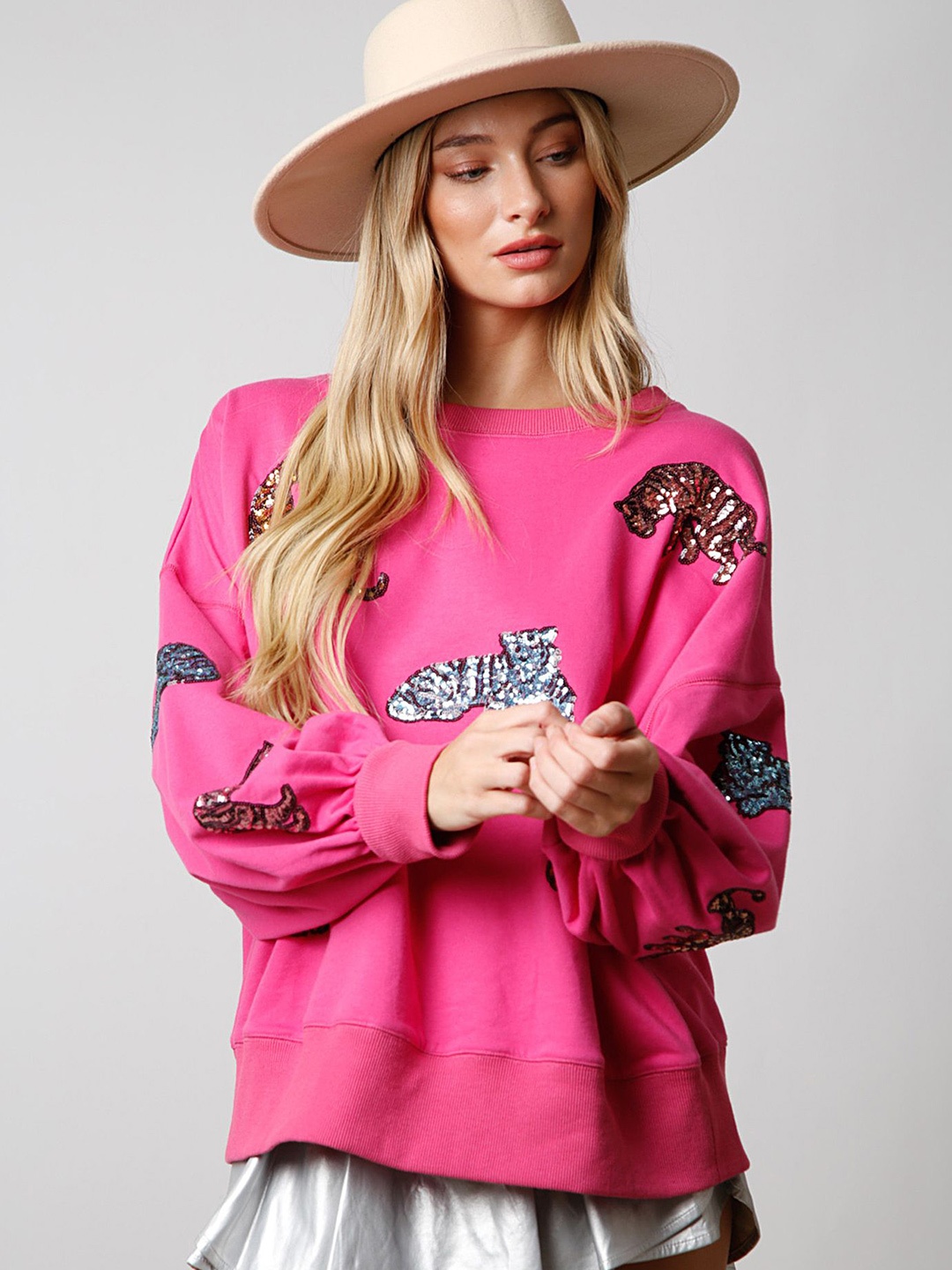 

LULU & SKY Women Embellished Pullover Sweatshirt, Pink