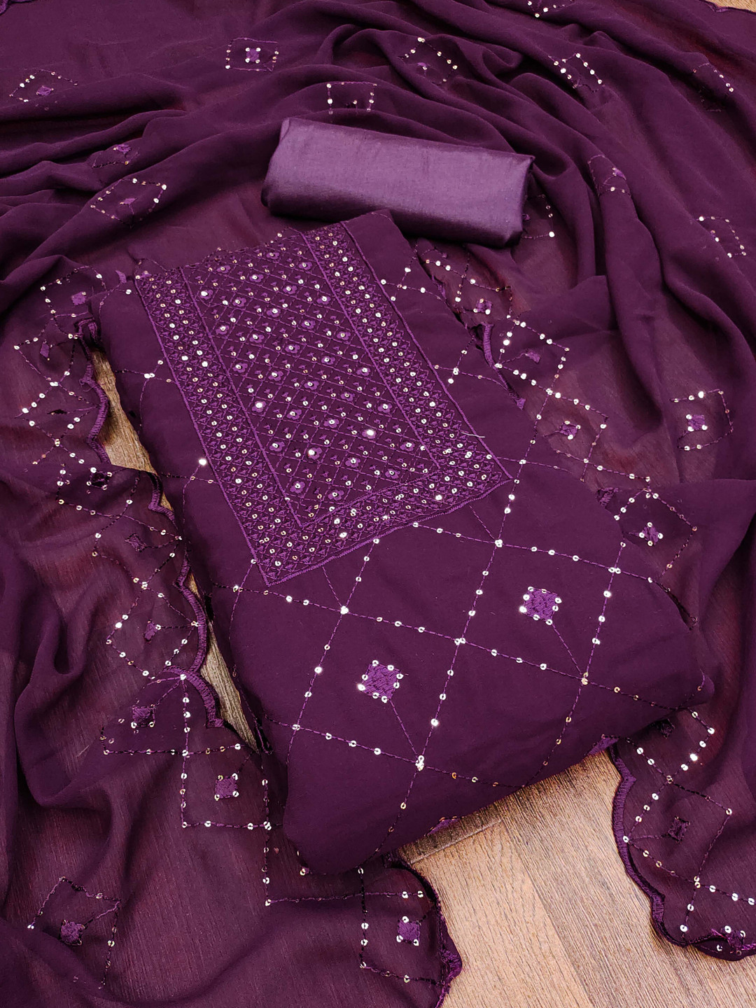 

Maroosh Geometric Embroidered Sequinned Unstitched Dress Material, Purple