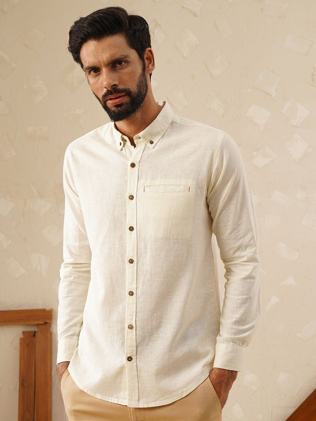 

JAYPORE Men Standard Solid Opaque Cotton Linen Casual Shirt, Off white