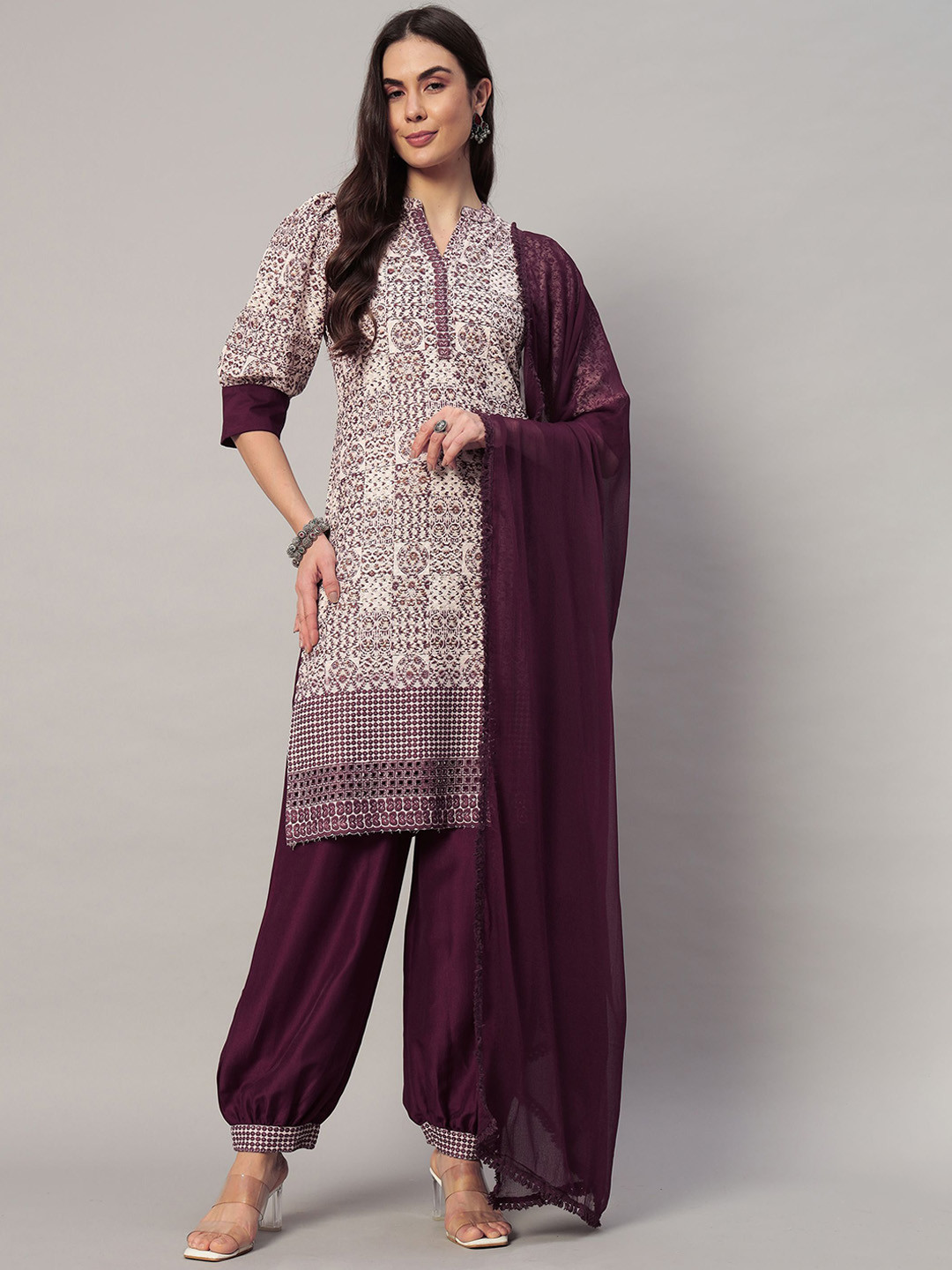 

Shopping Queen Floral Embroidered Thread Work Straight Kurta With Dhoti Pants & Dupatta, Beige