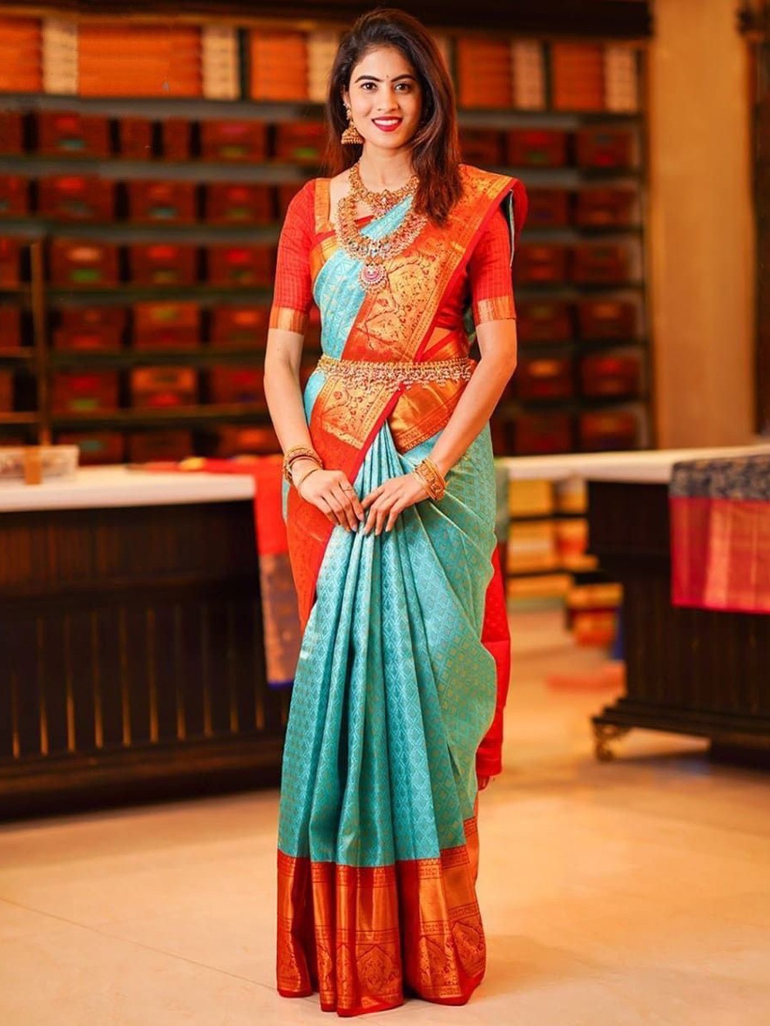

Fashion Booms Ethnic Motifs Woven Design Zari Pure Silk Banarasi Saree, Blue