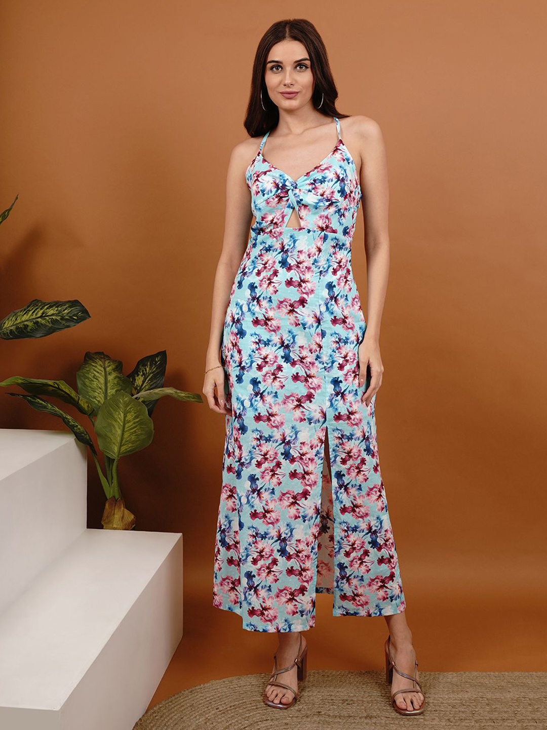 

Slumber Jill Women Cotton Floral Printed Shoulder Straps A-Line Maxi Dress, Blue