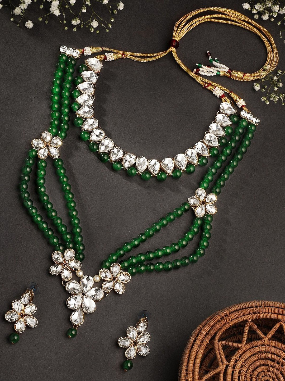 

Stefan Gold-Plated Kundan-Studded & Beaded Necklace and Earrings, Green