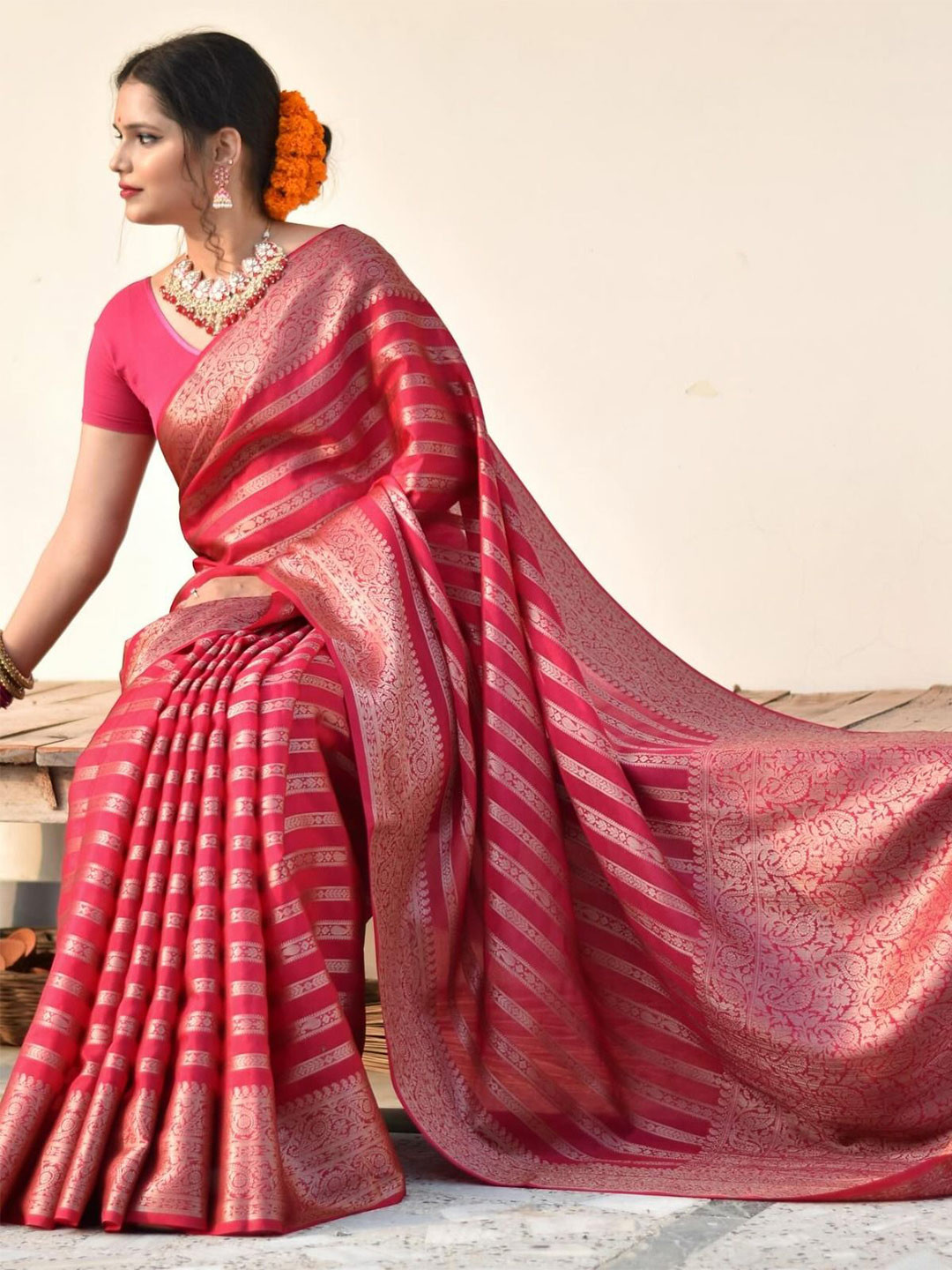 

Fashion Booms Striped Woven Design Zari Pure Silk Banarasi Saree, Pink