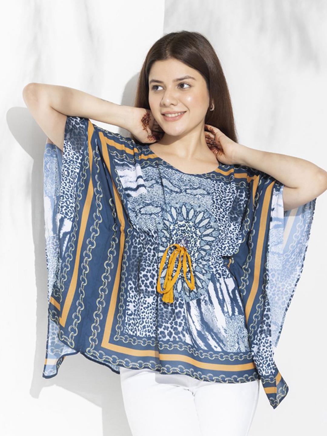 

Aumbe Print Kimono Sleeve Velvet Kaftan Top, Mustard