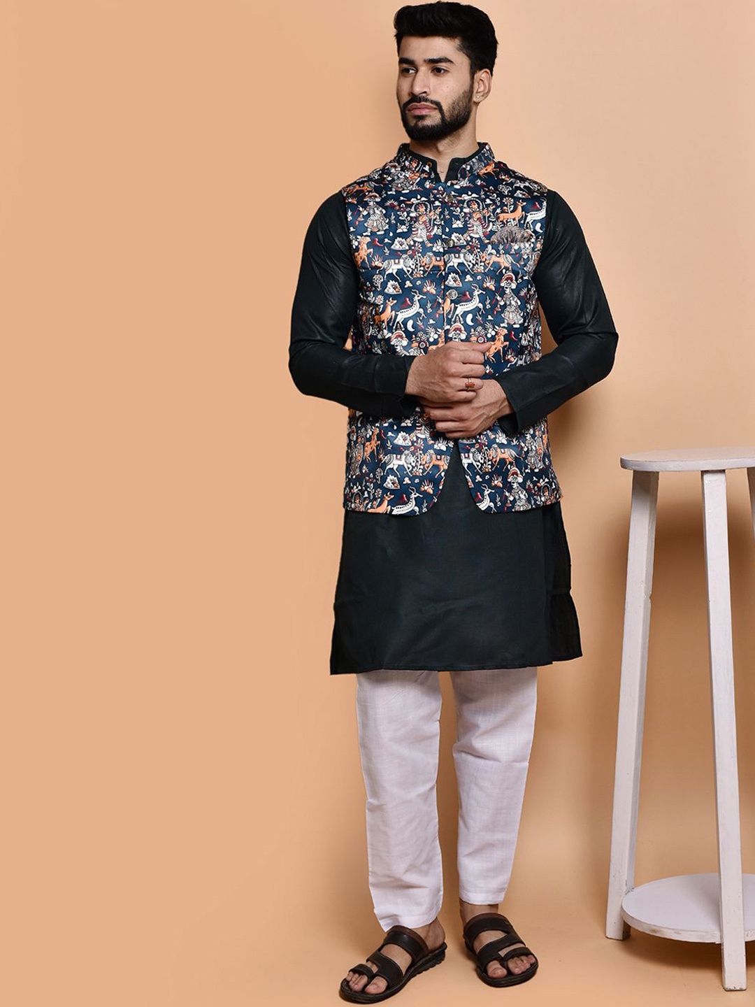 

PRINTINDIA Mandarin Collar Pure Cotton Straight Kurta with Trousers, Black