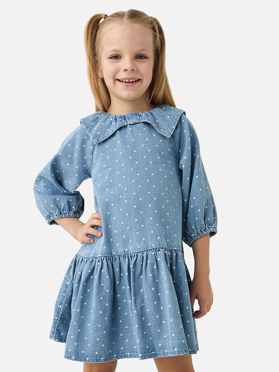 

Juniors by Babyshop Polka Dot Print Peter Pan Collar Drop-Waist Dress, Blue