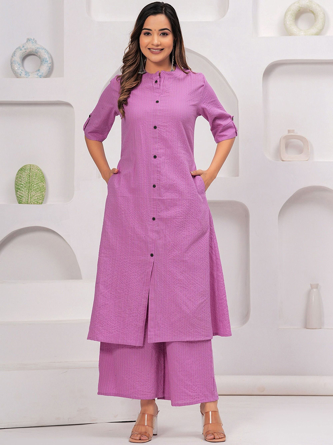 

Angvarnika Women Regular Kantha Work Pure Cotton Kurta with Palazzos, Pink