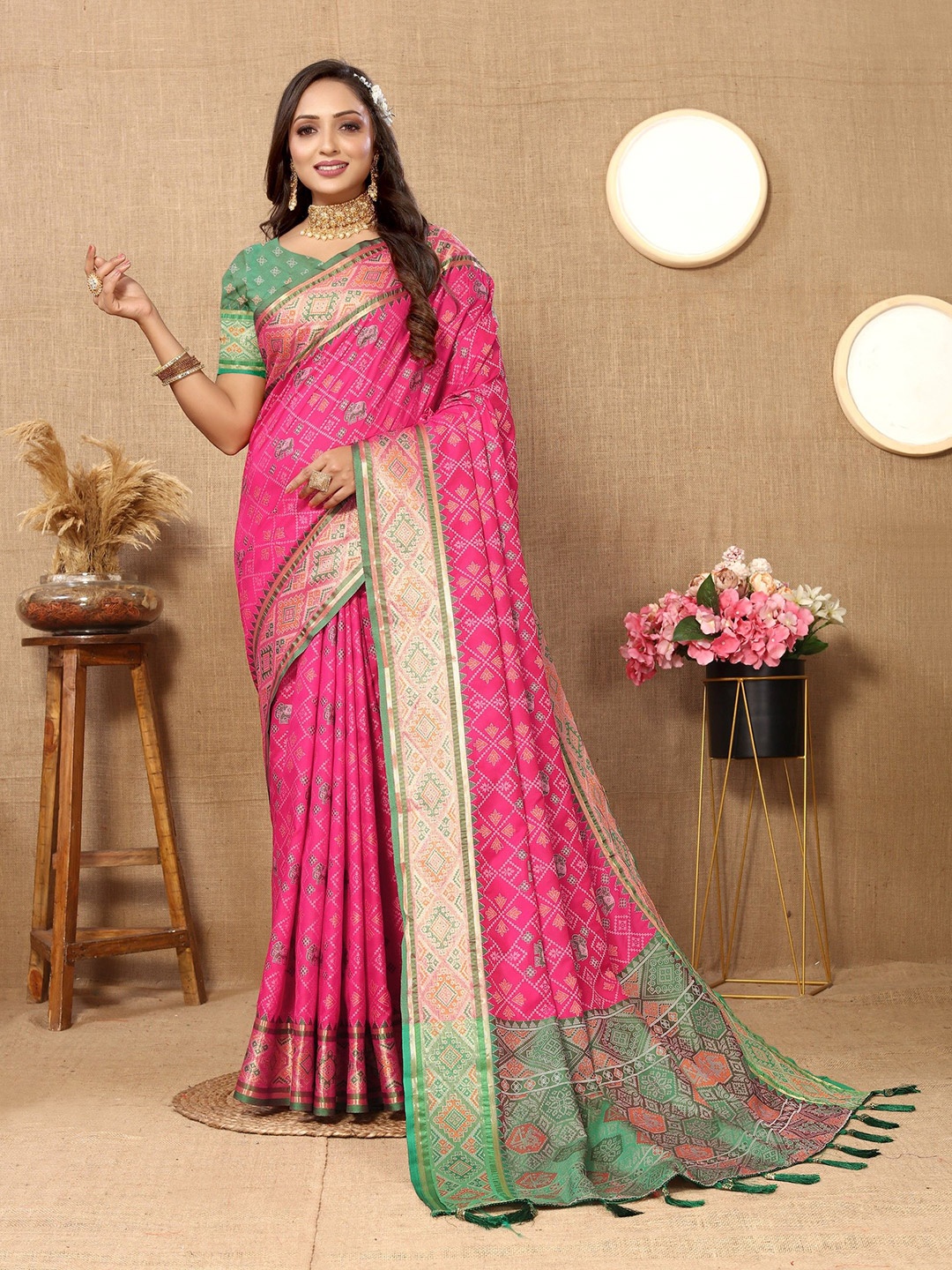 

Anaita Woven Design Zari Silk Blend Patola Saree, Pink