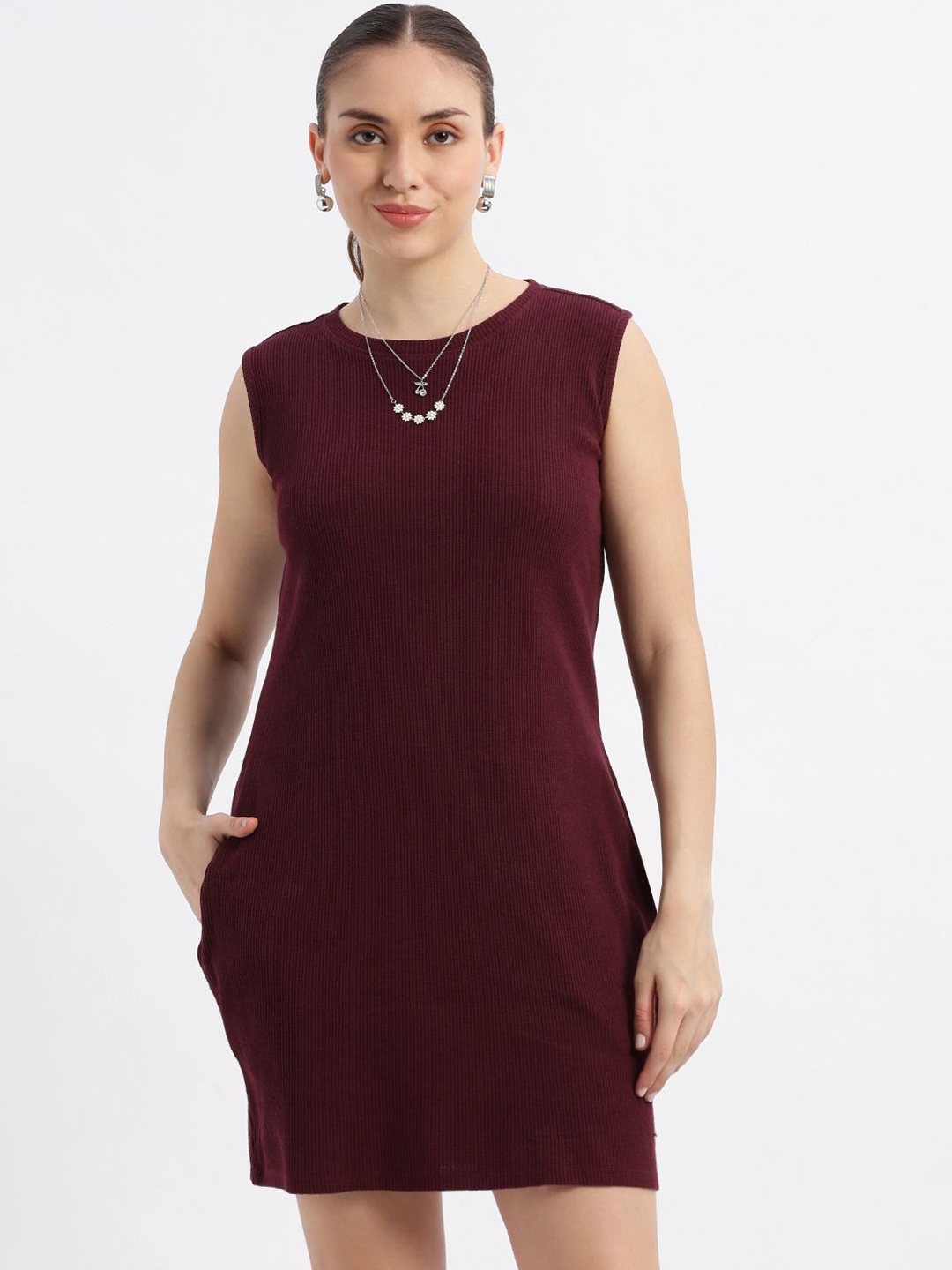 

Grit and Flair Women Round Neck Sleeveless A-Line Mini Dress, Maroon