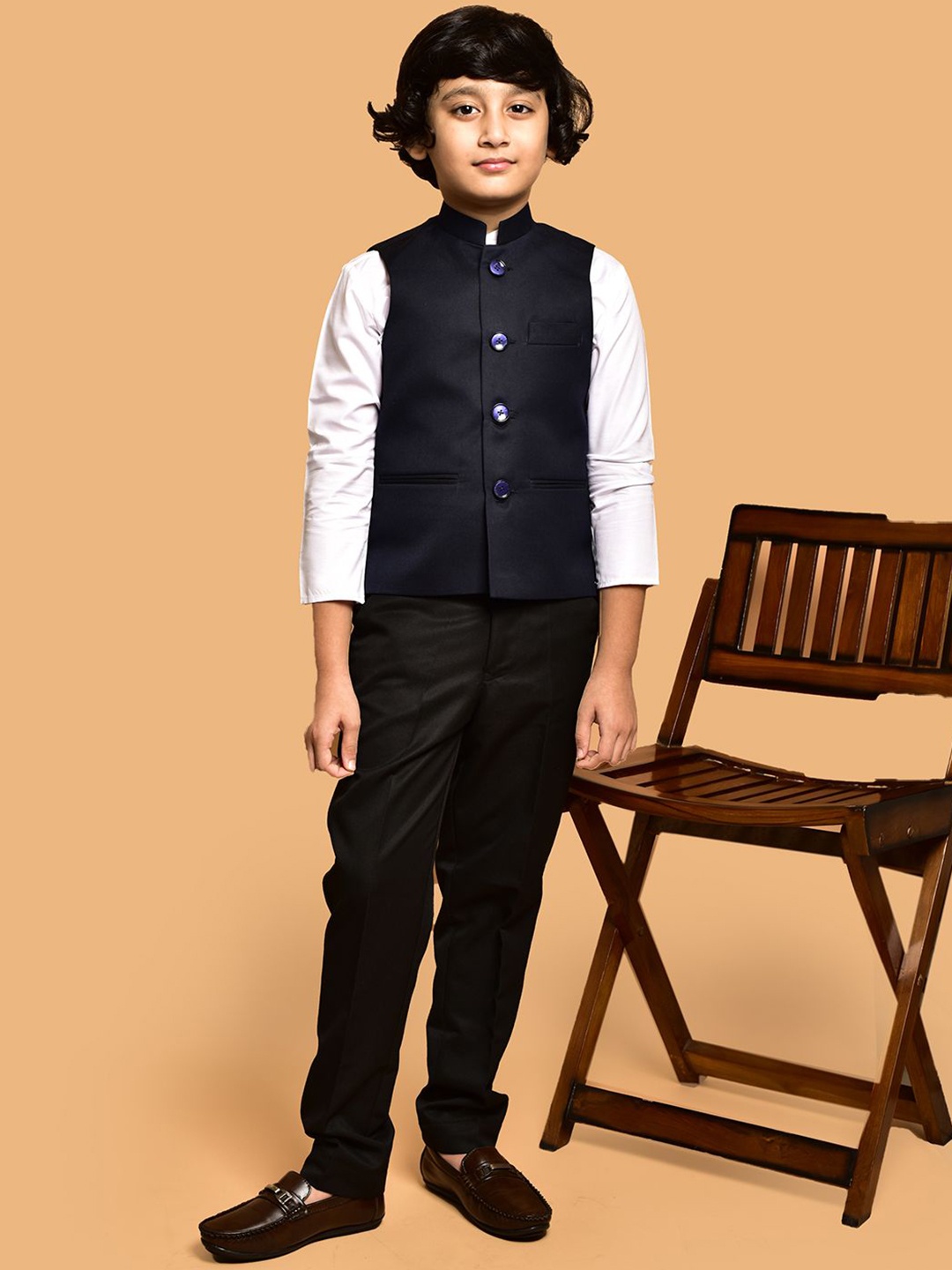 

PRINTINDIA Boys Mandarin Collar Nehru Jacket, Navy blue