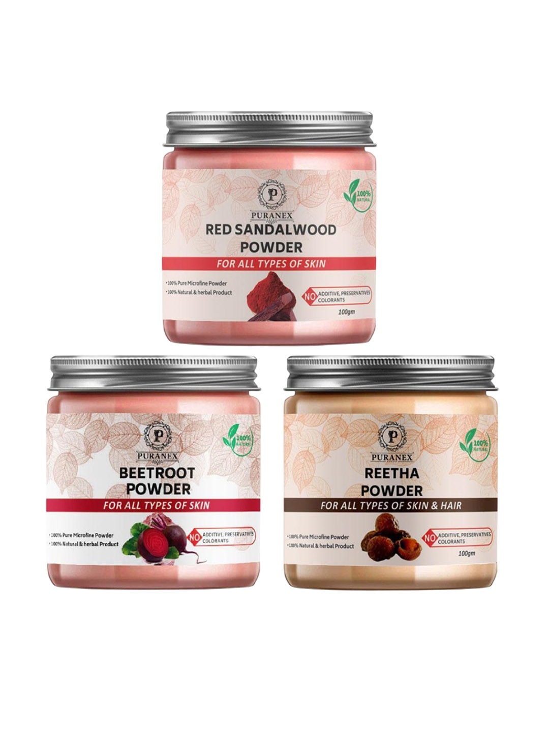 

Puranex Set Of 3 Red Sandalwood, Beetroot & Reetha Hair & Skin Powder -100 g Each, White