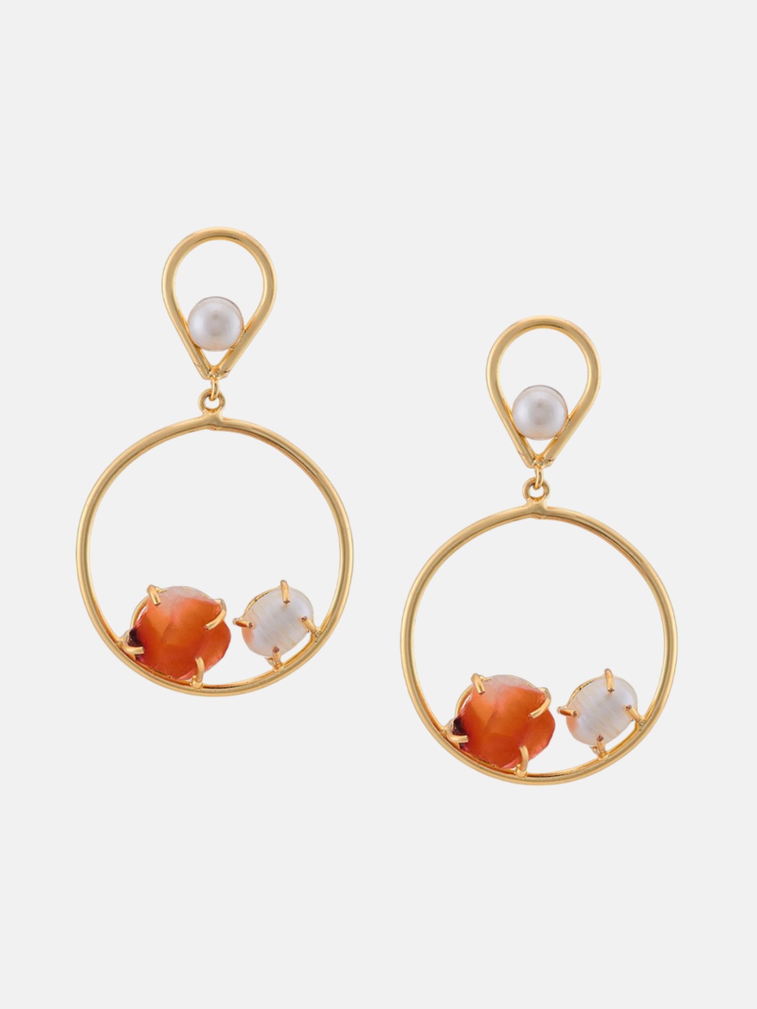 

Yinara Gold-Plated Circular Stone Studded & Beaded Drop Earrings