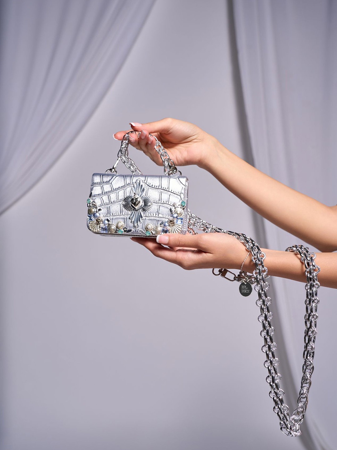 

Papa Don't Preach Women Leather Structured Shoulder Bag with Tasselled, Silver
