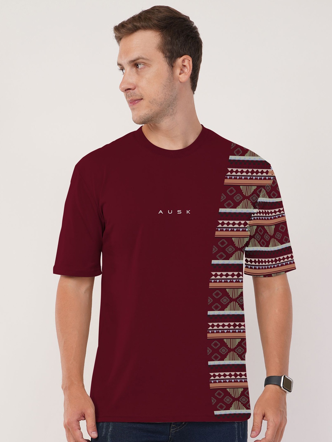 

AUSK Front Printed Half Sleeve Round Neck Tshirt, Maroon