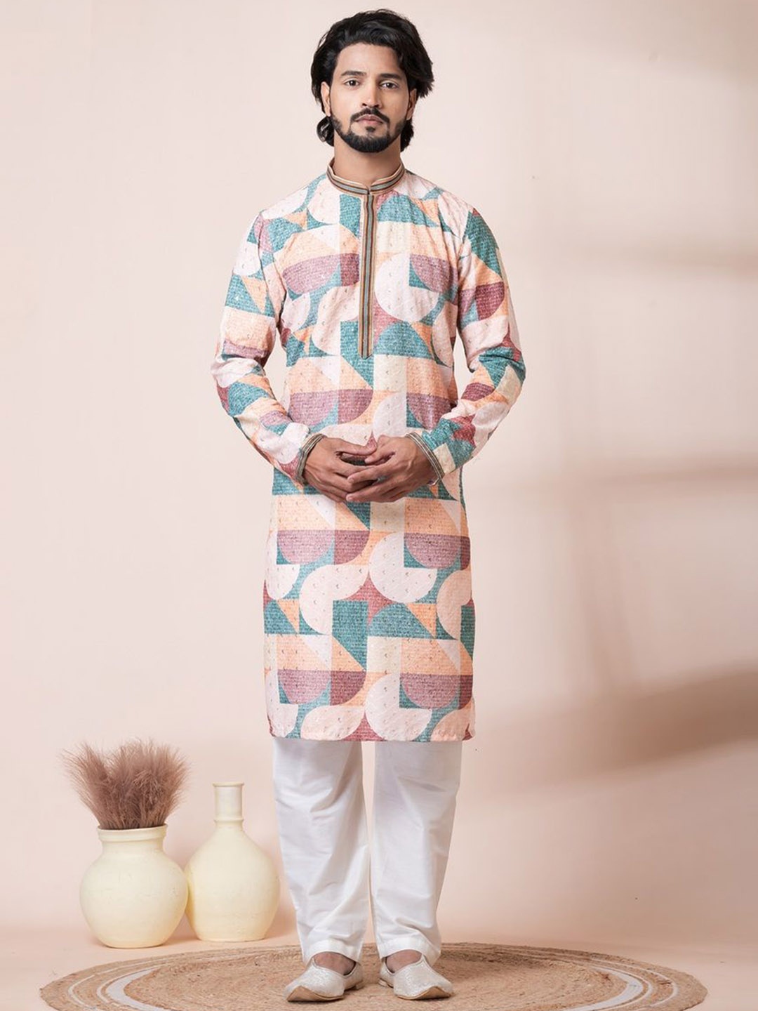 

HU - Handcrafted Uniquely Geometric Embroidered Straight Kurta, Peach