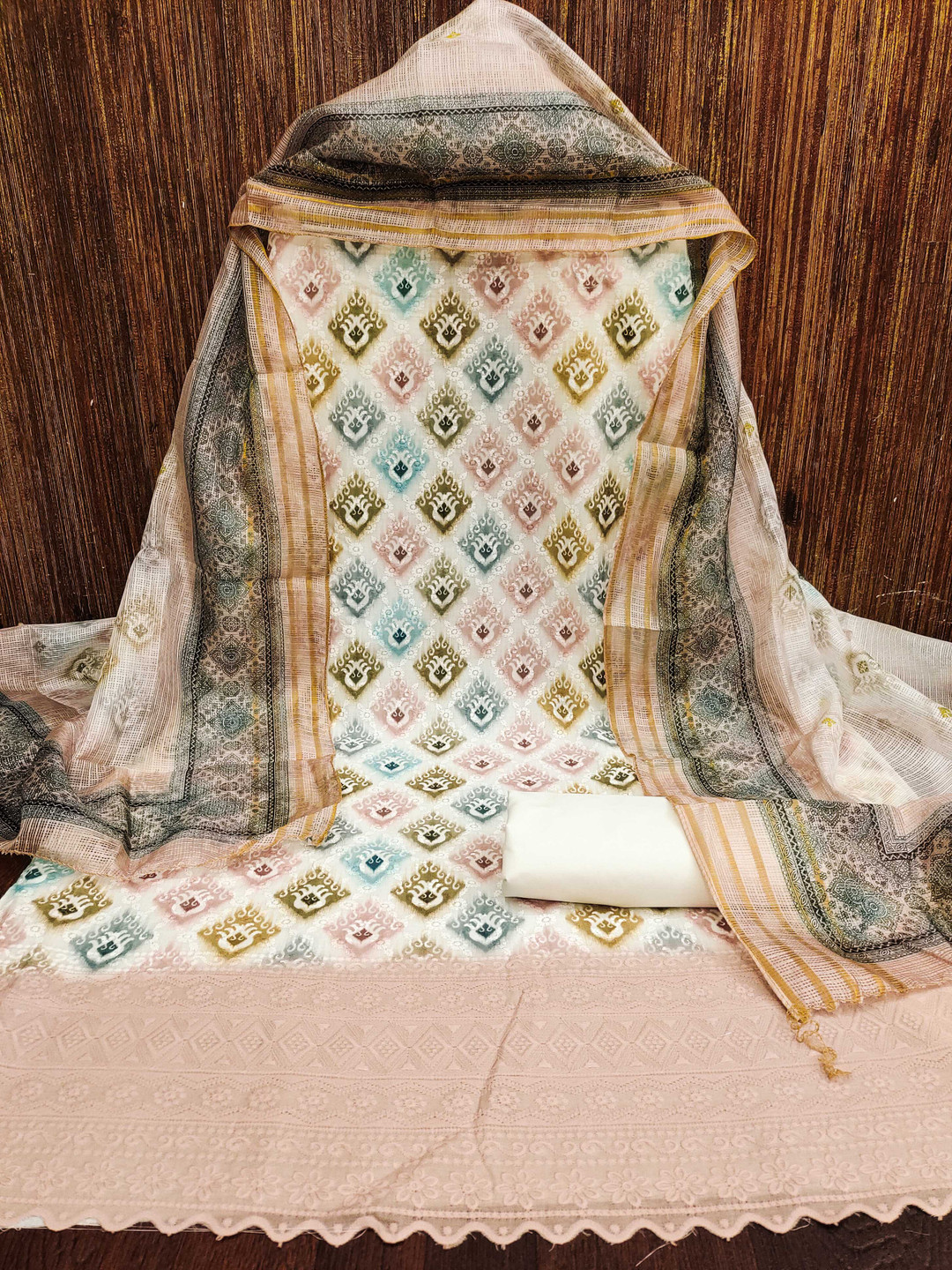 

Maroosh Geometric Printed Unstitched Dress Material, White