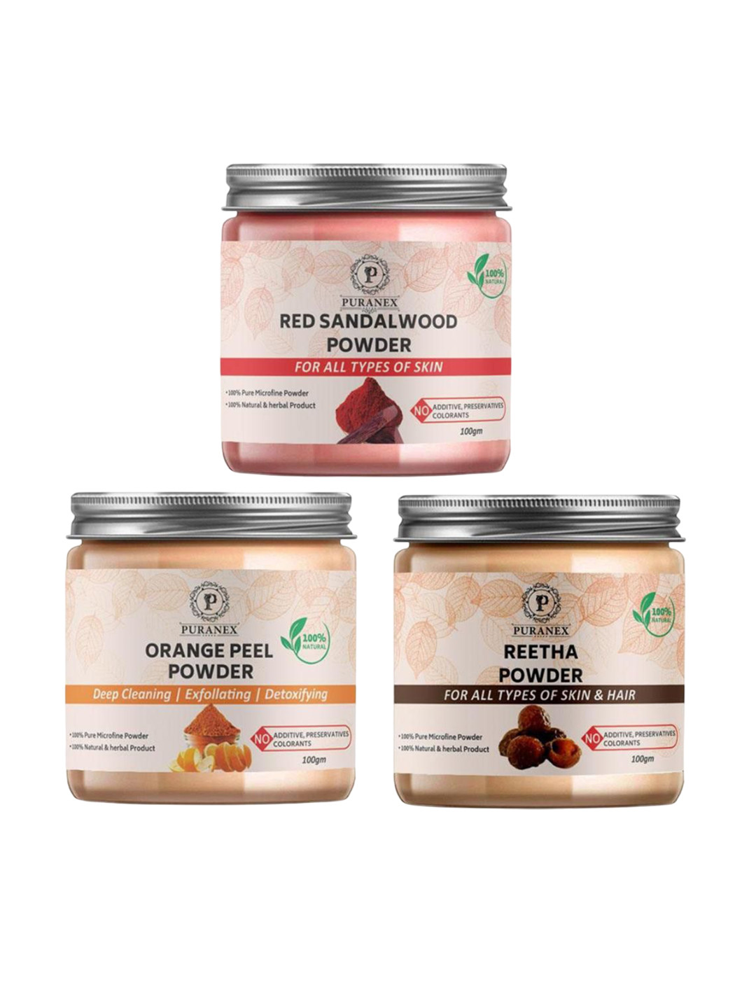 

Puranex Set Of 3 Red Sandalwood - Orange Peel & Reetha Powder For Skin & Hair - 100 g Each, Pink
