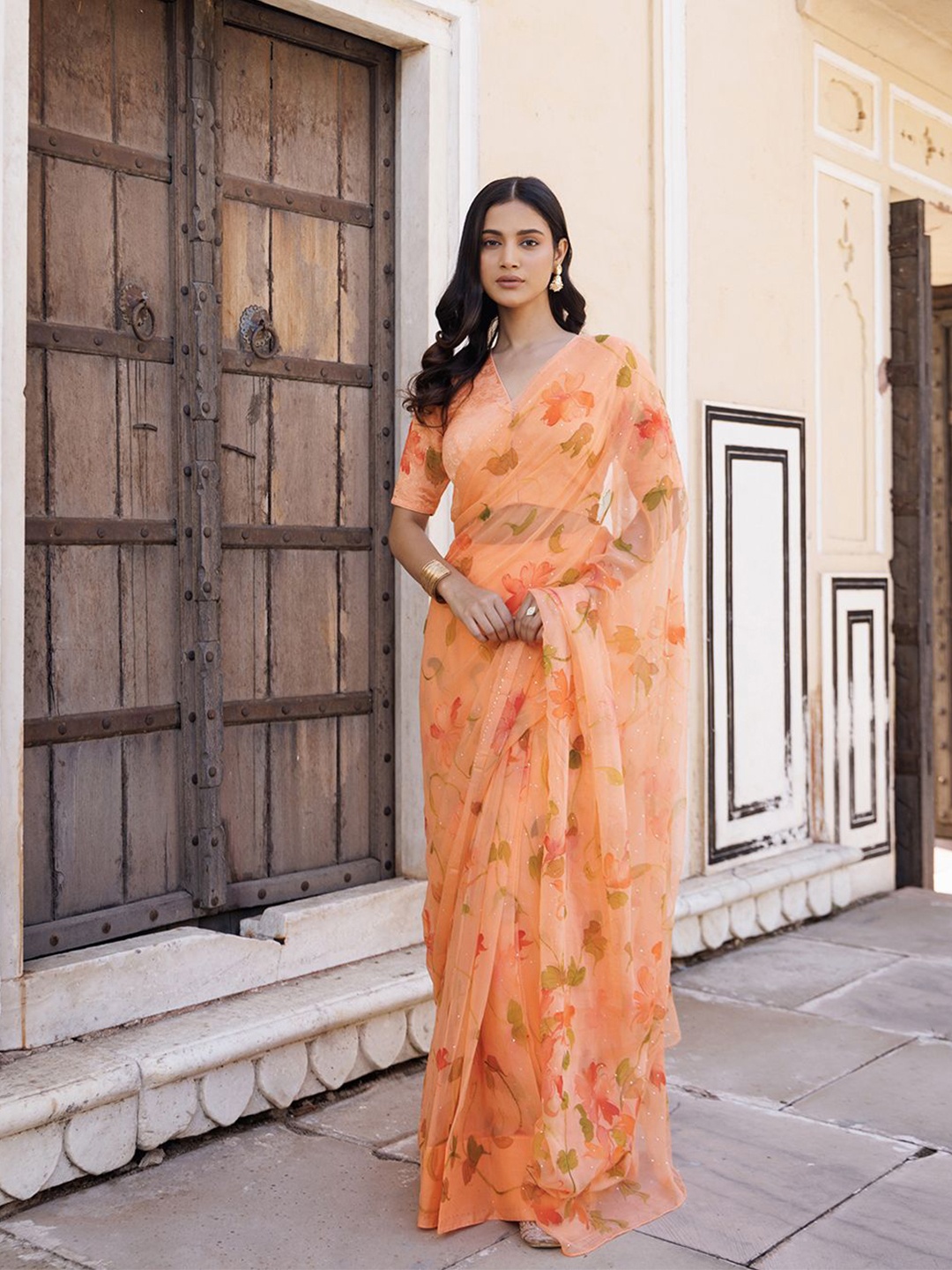 

Geroo Luxe Floral Printed Mukaish Pure Chiffon Ready to Wear Saree, Orange