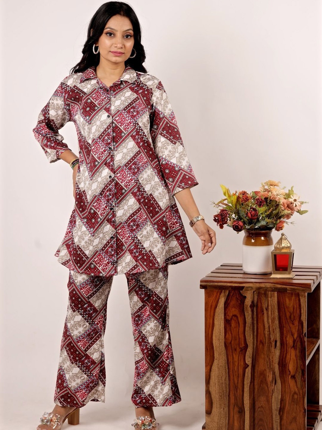 

NIJANAND TEXTILE Geometric Printed Pure Cotton Tunic & Trousers, Red