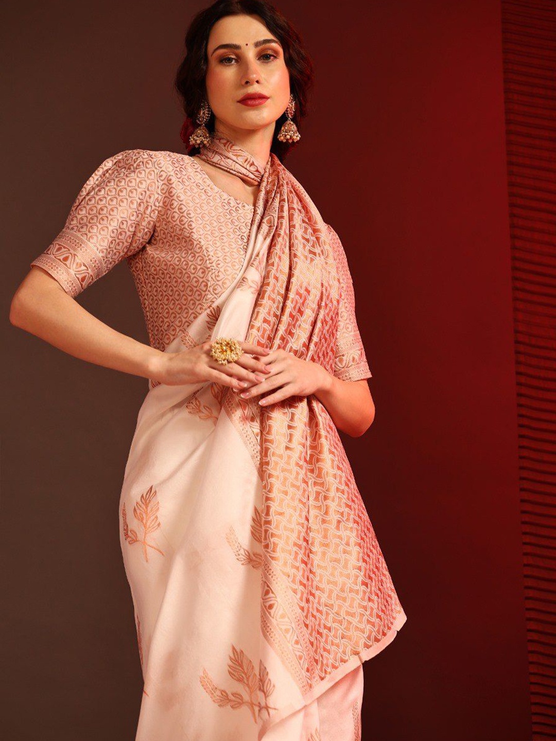 

Fashion Booms Ethnic Motifs Woven Design Zari Pure Silk Banarasi Saree, Peach