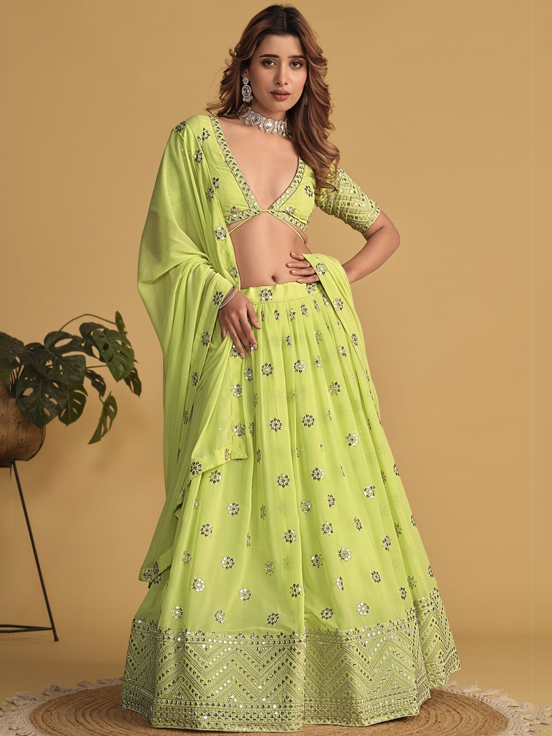 

Ethnic Yard Embroidered Sequinned Semi-Stitched Lehenga & Unstitched Blouse With Dupatta, Green