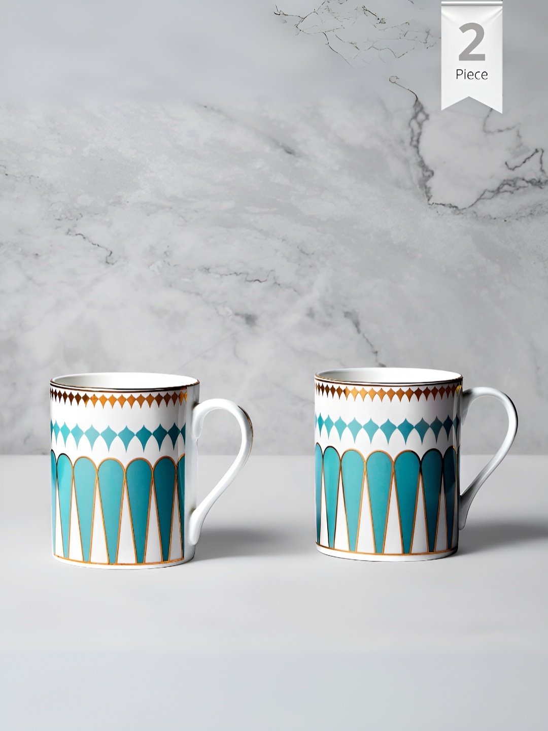 

India Circus White & Blue 2 Pieces Printed Ceramic Glossy Mugs