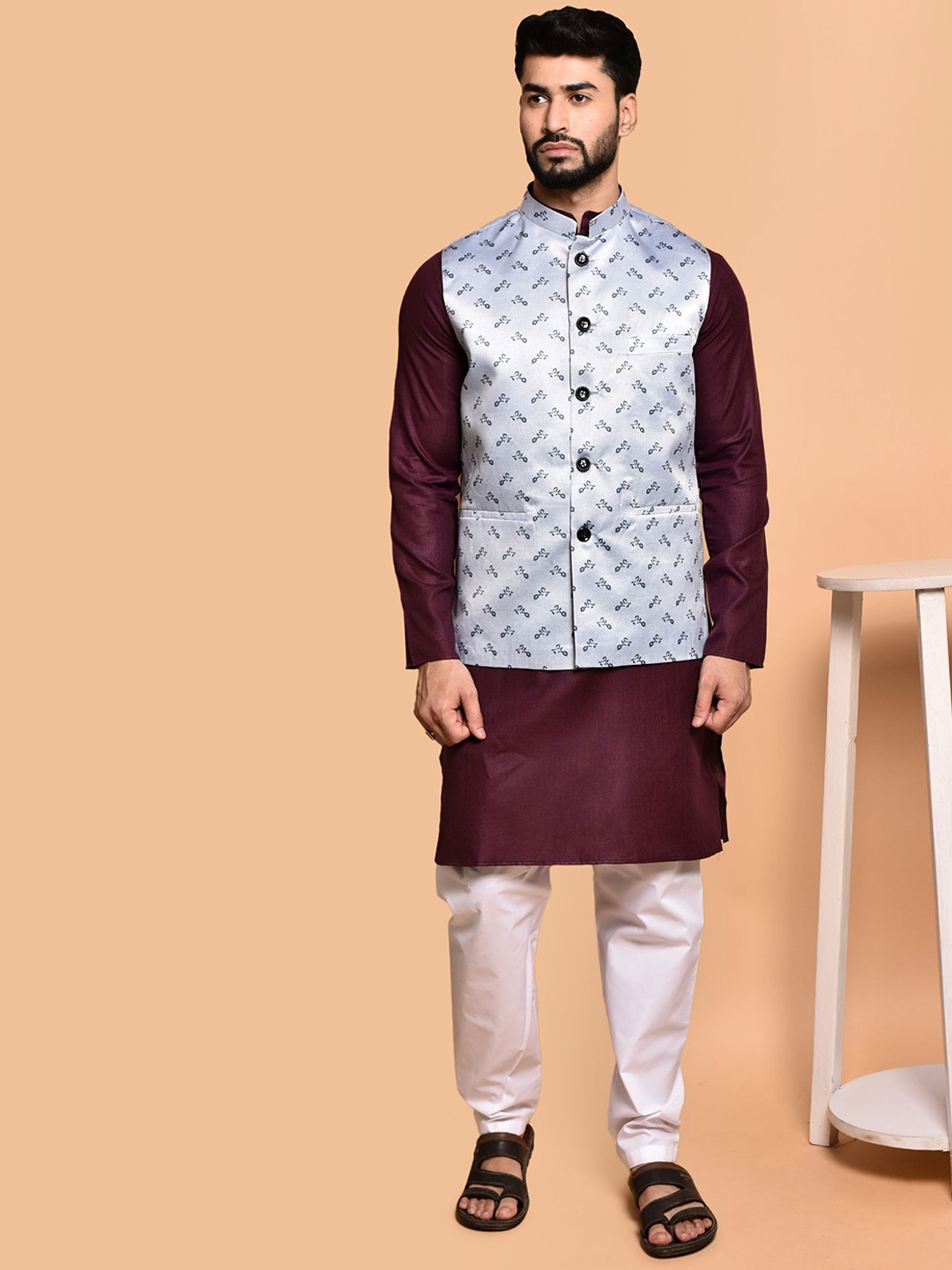 

PRINTINDIA Mandarin Collar Pure Cotton Straight Kurta with Trousers, Purple