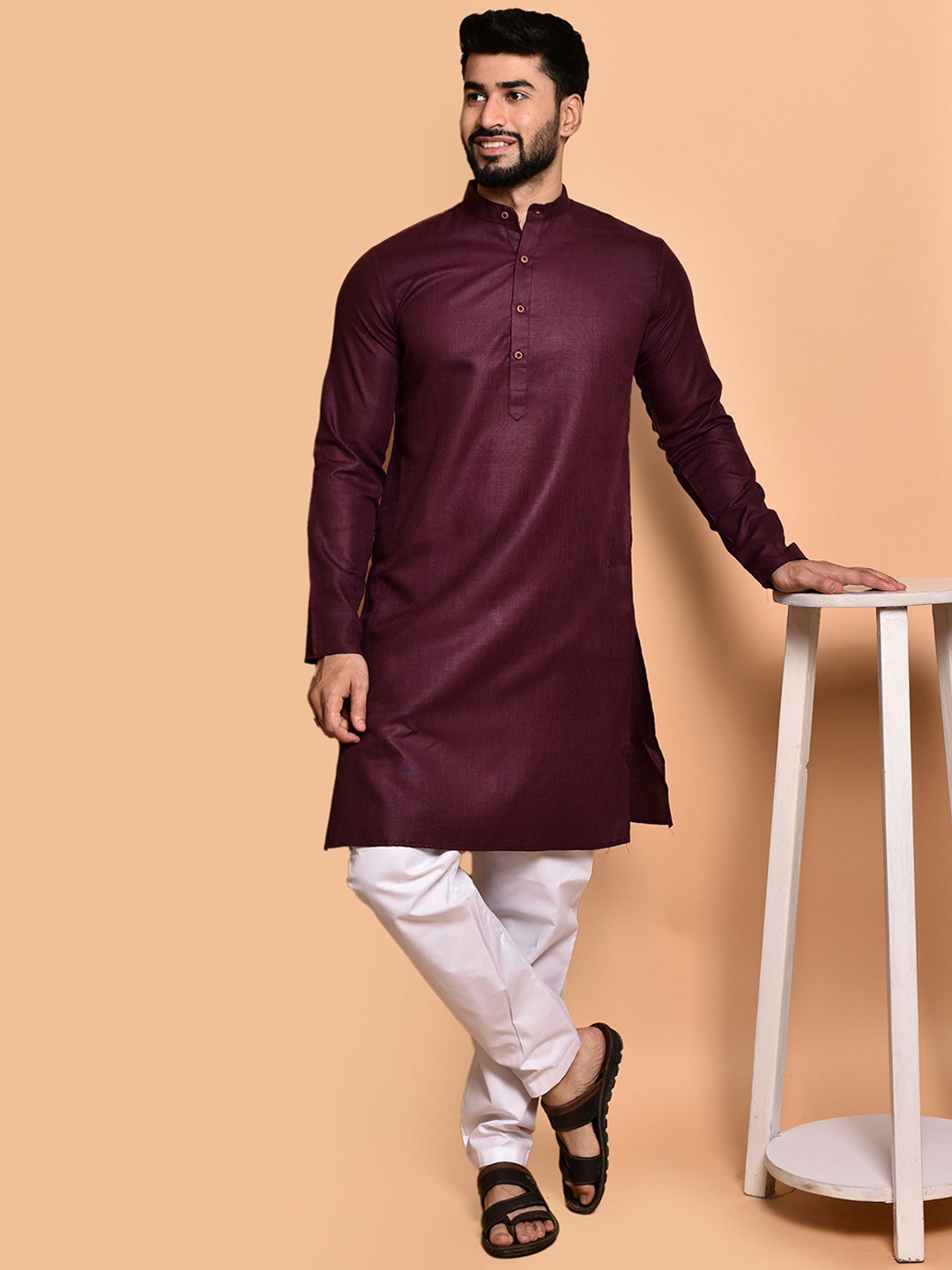 

PRINTINDIA Mandarin Collar Pure Cotton Straight Kurta with Pyjamas, Purple