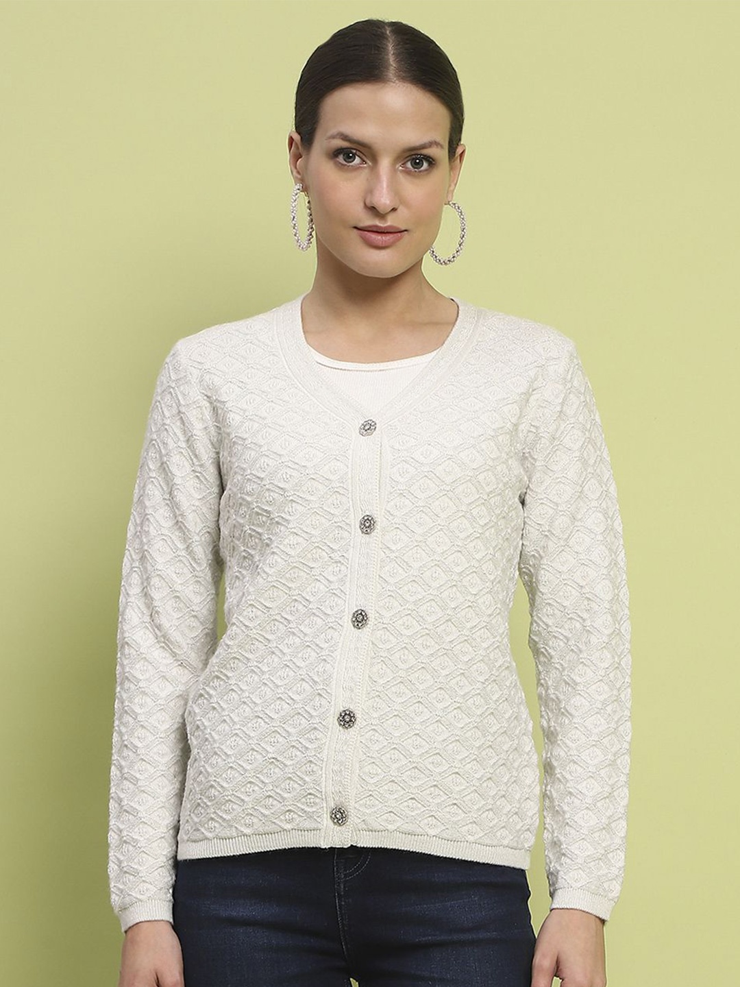 

Madame Women Self Design Cable Knit Cardigan Sweater, Off white