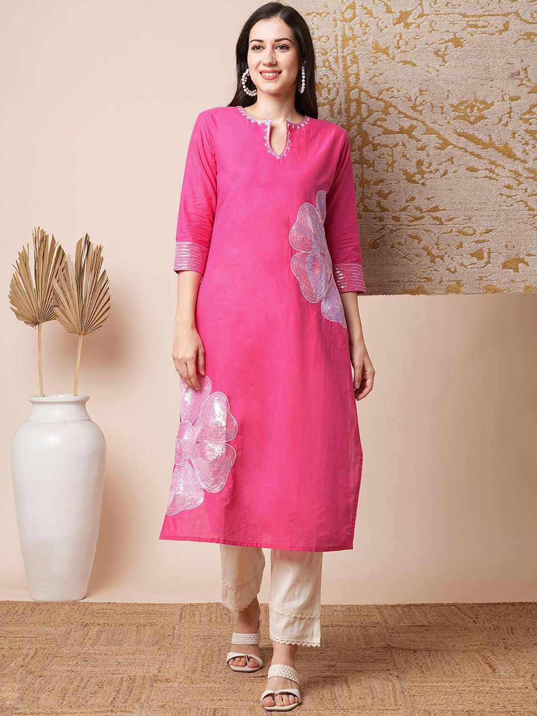 

FASHOR Floral Embroidered Sequinned Cotton Straight Kurta, Pink